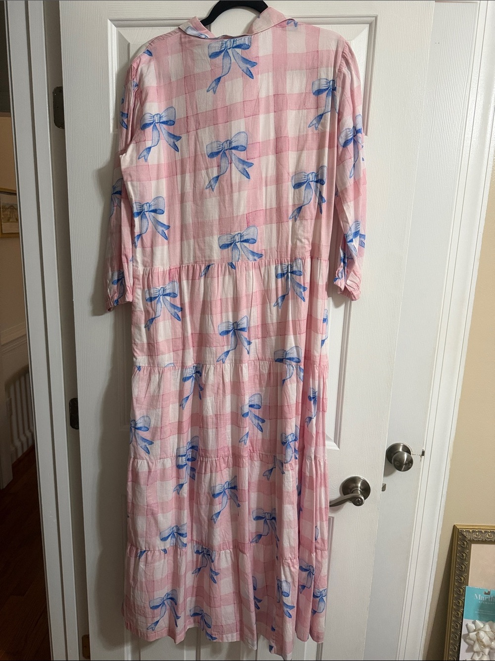 Darlington Isle Pink and Blue Gingham Belted Button Down Maxi Dress with Bows L - Picture 6 of 6